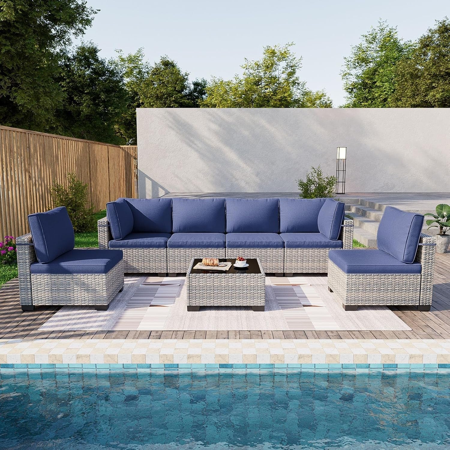 7-Piece Patio Furniture Set, Outdoor Patio Furniture with Thick Cushions, Modular Patio Sofa, Dual-Strand Wicker Rattan, Rust-Resistant Frame, Backyard Furniture for Garden, Deck, Navy Blue-2