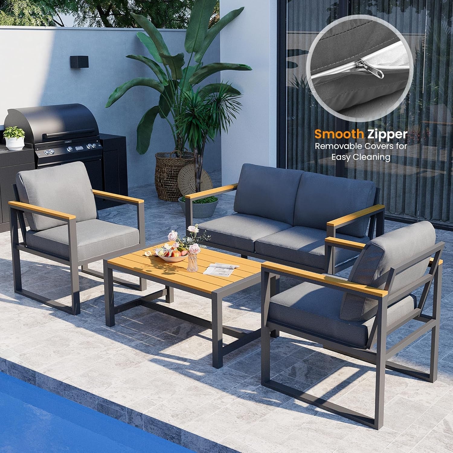 4 Pieces Outdoor Patio Furniture Set, Modern Metal Balcony Furniture with Plastic-Wood Coffee Table, All-Weather Outdoor Furniture Set with Thick Cushion for Balcony, Porch, Gray-1