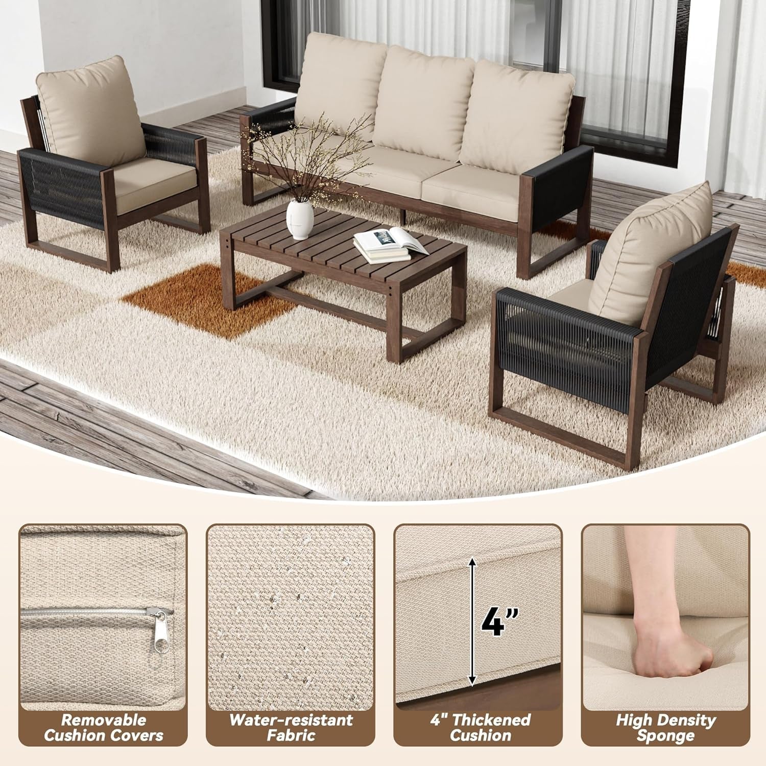 Wooden Outdoor Furniture Set with Comfortable Wicker Chairs-2