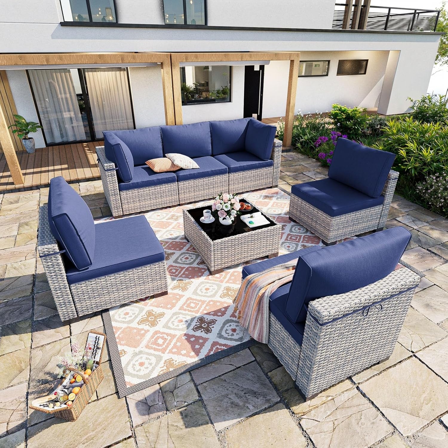7-Piece Patio Furniture Set, Outdoor Patio Furniture with Thick Cushions, Modular Patio Sofa, Dual-Strand Wicker Rattan, Rust-Resistant Frame, Backyard Furniture for Garden, Deck, Navy Blue-0