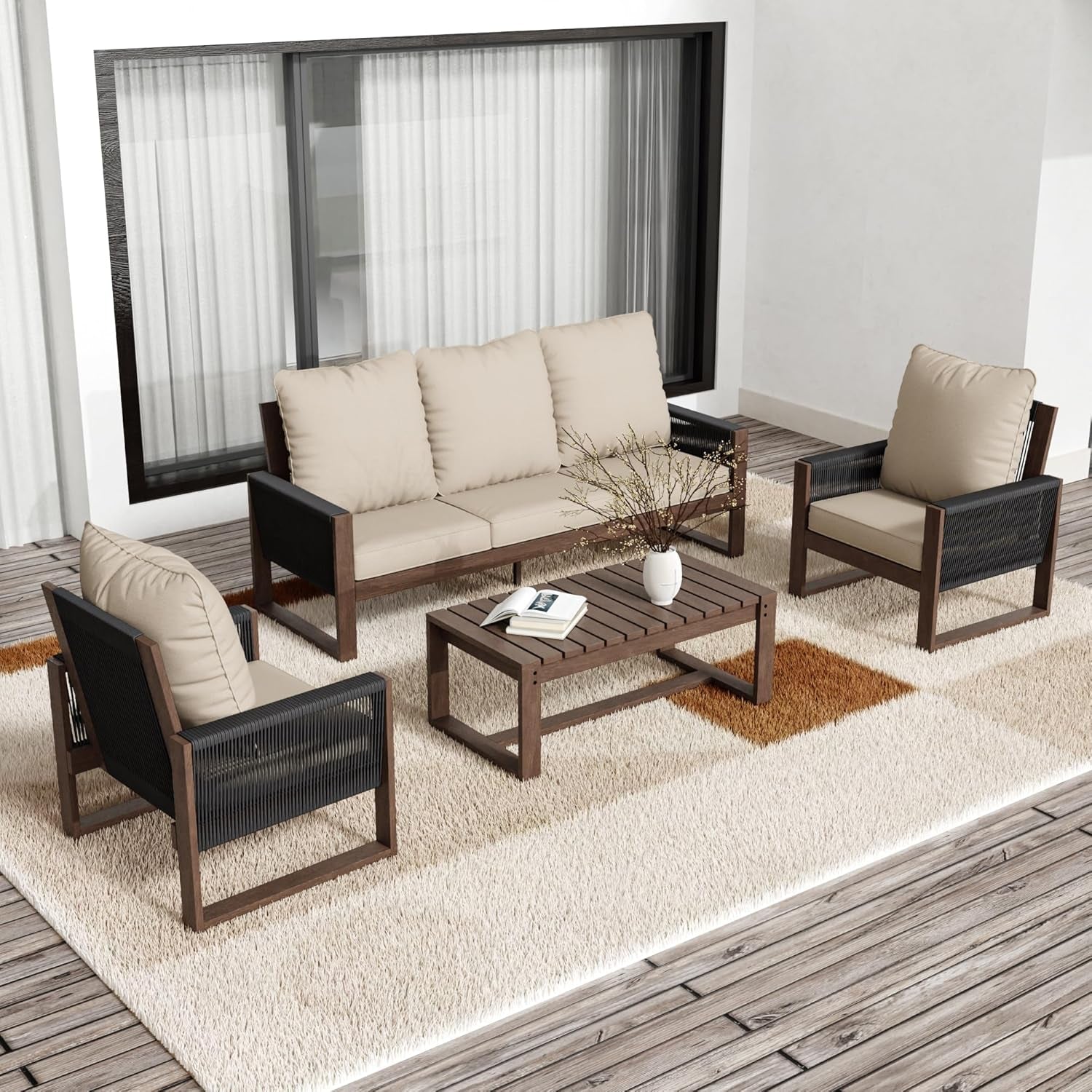 Wooden Outdoor Furniture Set with Comfortable Wicker Chairs-0