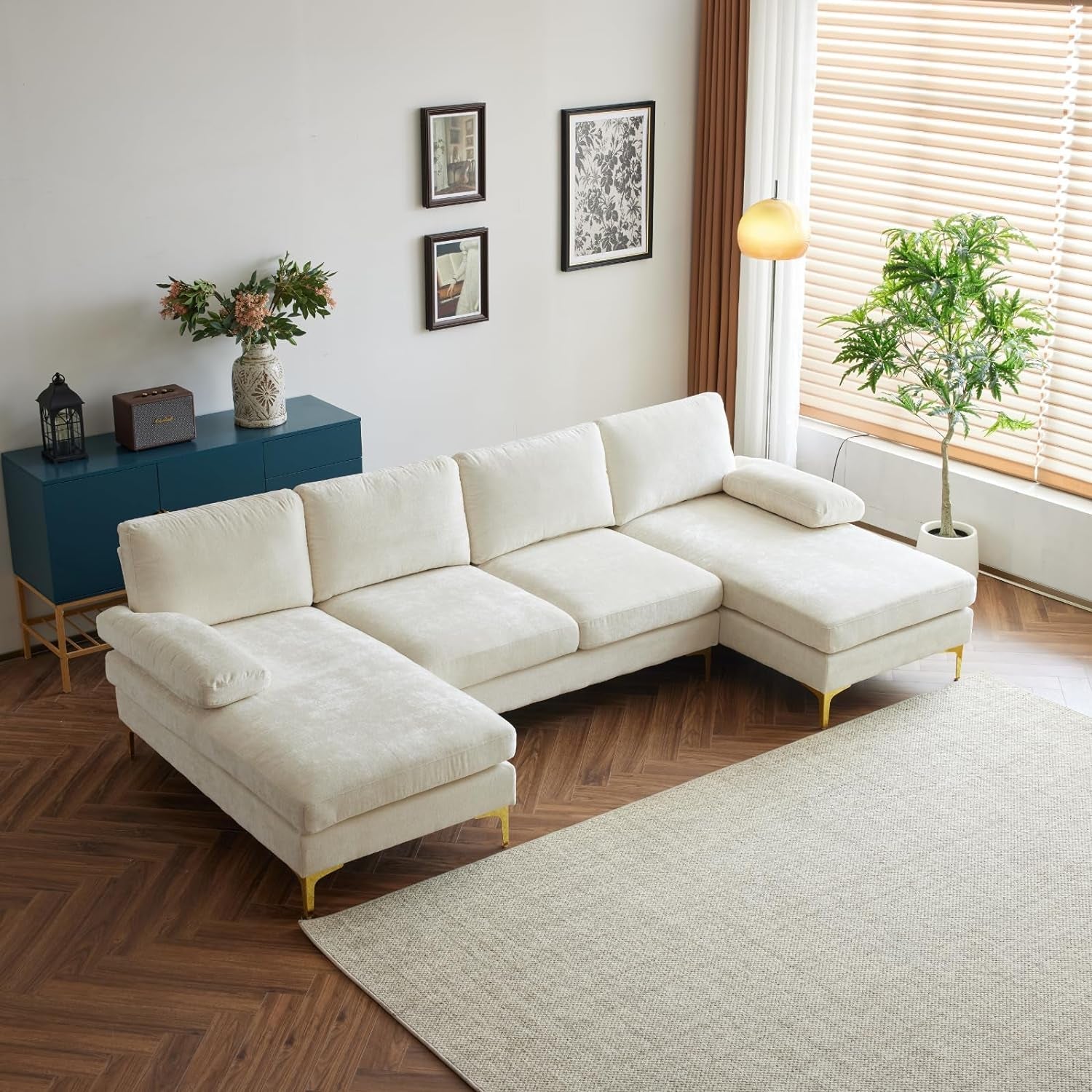Convertible Sectional Sofa 110" U-Shape Sofa Couch 4-Seat Couch with Chaise Chenillefabric Upholstered for Living Room, Apartment, Office, Creamy White-0