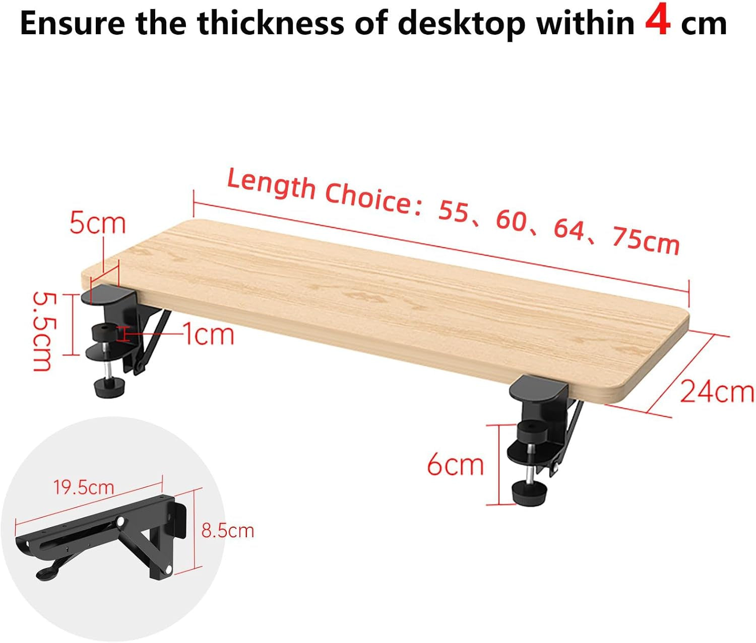 OUGIC Ergonomic Desk Extension Tray, 75X24Cm, Clamp without Punch, Keyboard Drawer Tray, Computer Armrest Table Stand