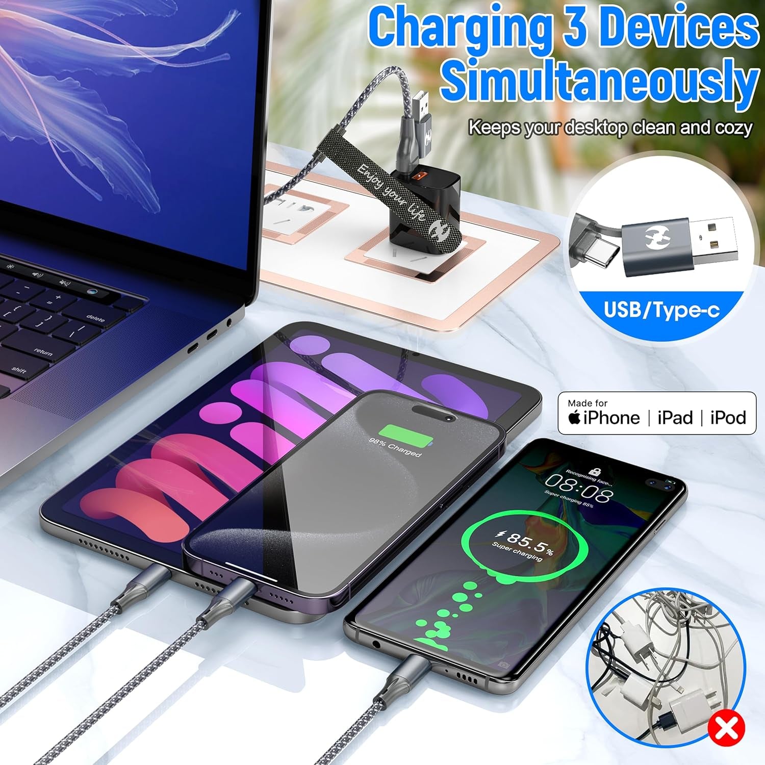 Multi Charging Cable (4Ft 3Pack), 3 in 1 Charging Cable Nylon Braided Cord USB A/C Port Multiple Iphone Charger Cable with Type C Micro Lightning USB for Apple Iphone Android Phone