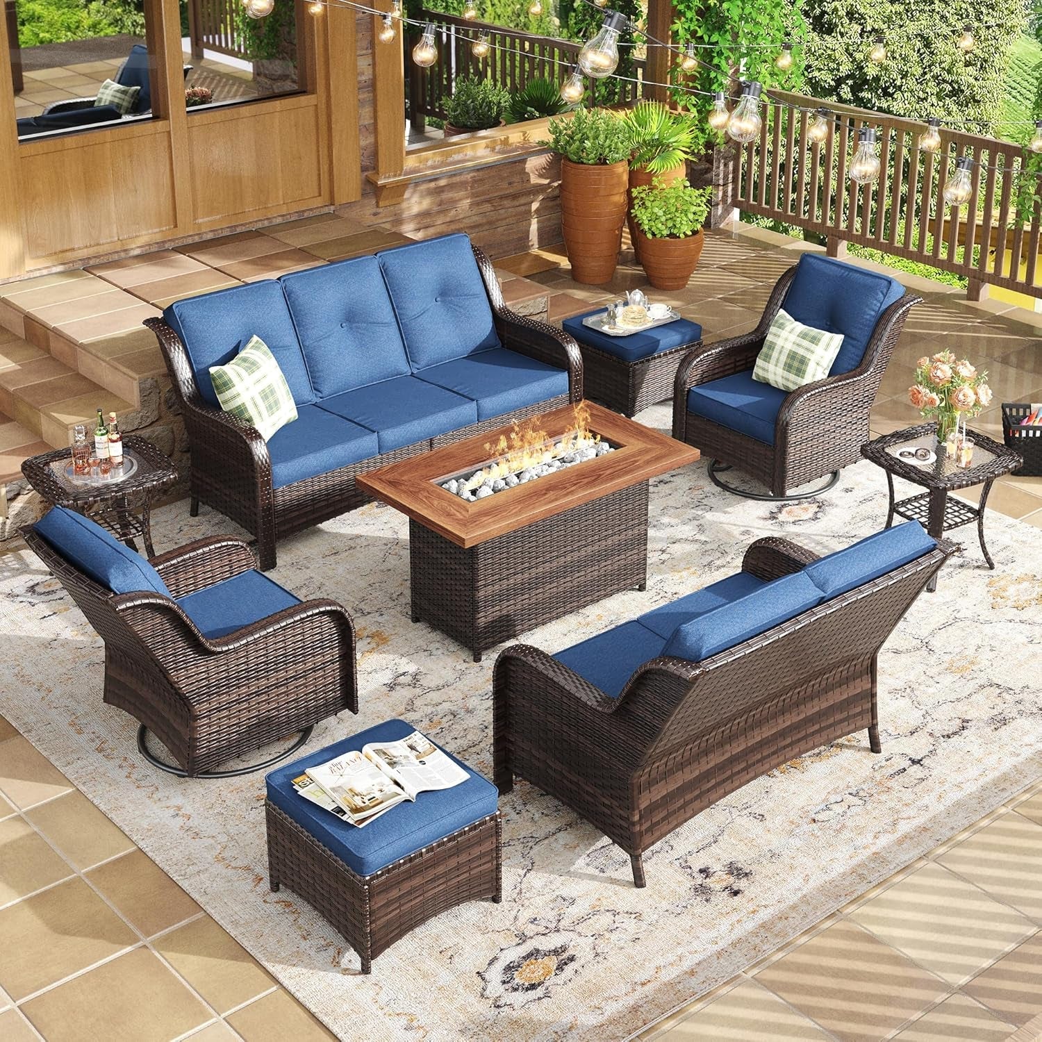 Nine Piece Outdoor Patio Furniture Wicker Conversation Set-0