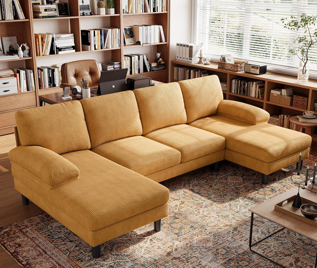 Sectional Couch, 111'' W Corduroy U Shaped Sofa with Sleepable Armrests, 4 Seat Couch with Double Chaises, Deep Sofa for Living Room, Yellow-0