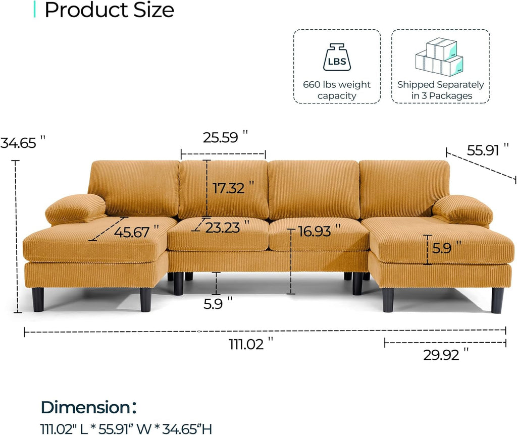 Sectional Couch, 111'' W Corduroy U Shaped Sofa with Sleepable Armrests, 4 Seat Couch with Double Chaises, Deep Sofa for Living Room, Yellow-1