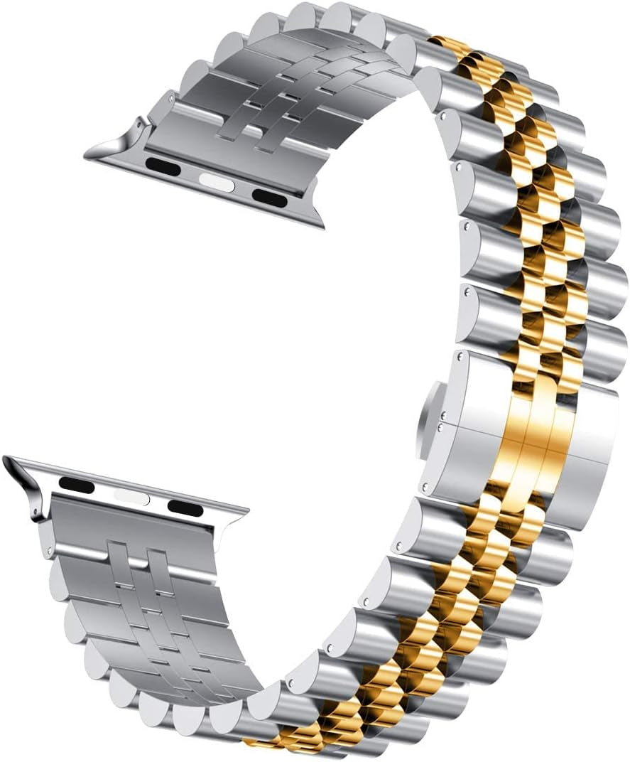 Compatible with Apple Watch Bands 42Mm (Series 11 10 )41Mm 40Mm 38Mm, Stainless Steel Heavy Iwatch Bands with Butterfly Folding Clasp Link Bracelet for Series 9/8/7/6/5/SE3/2/1 Women Men, Silver/Gold