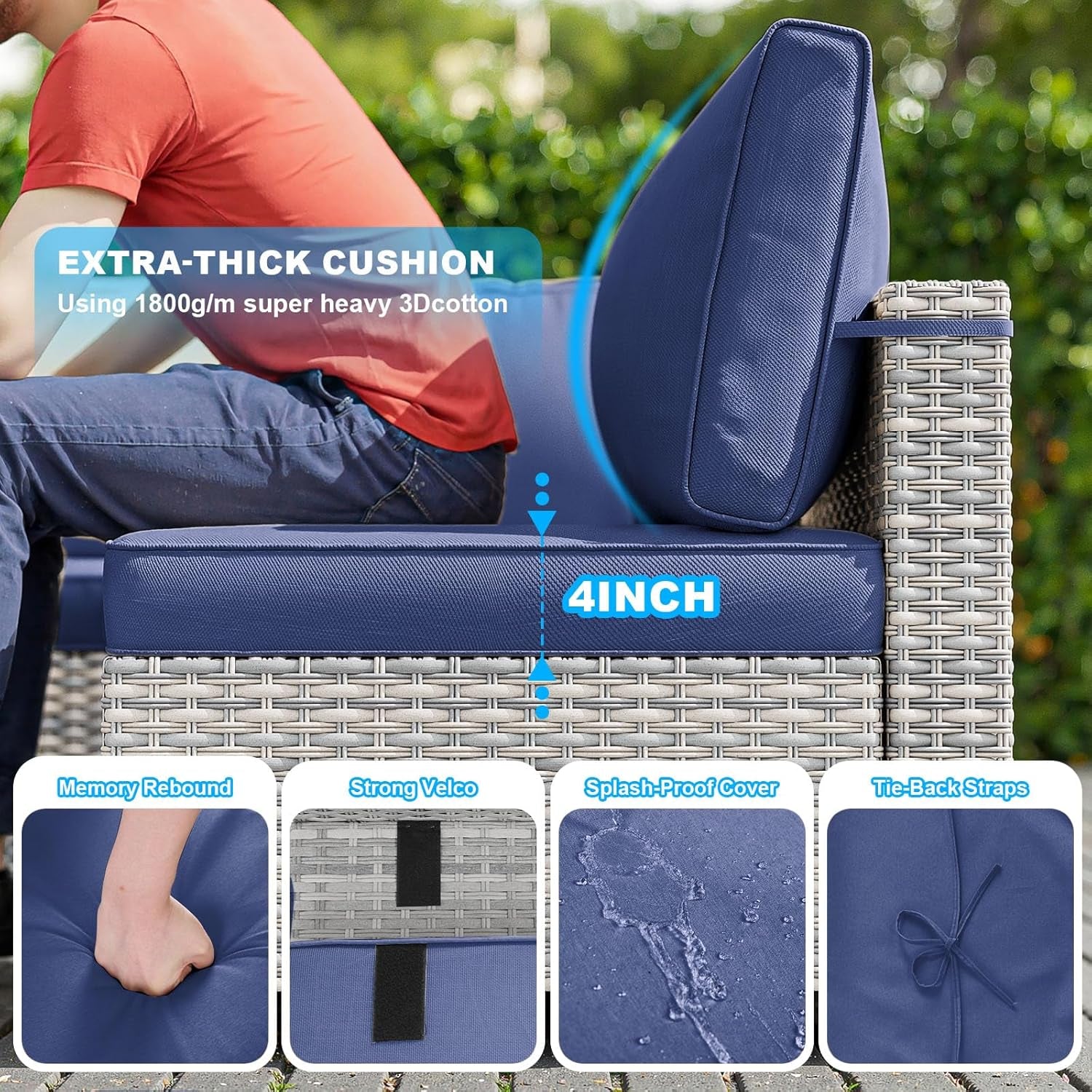 7-Piece Patio Furniture Set, Outdoor Patio Furniture with Thick Cushions, Modular Patio Sofa, Dual-Strand Wicker Rattan, Rust-Resistant Frame, Backyard Furniture for Garden, Deck, Navy Blue-4