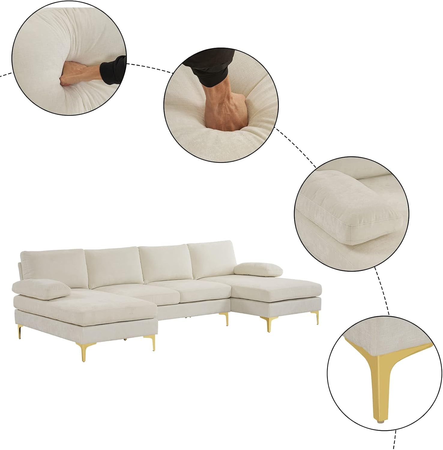 Convertible Sectional Sofa 110" U-Shape Sofa Couch 4-Seat Couch with Chaise Chenillefabric Upholstered for Living Room, Apartment, Office, Creamy White-3