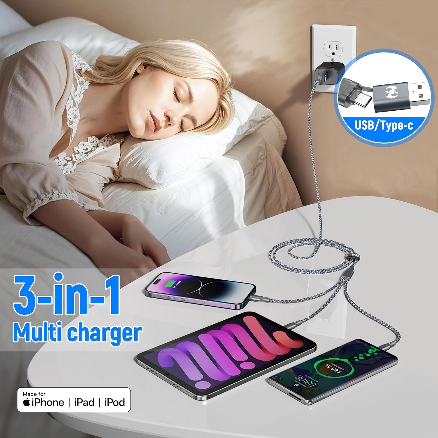 Multi Charging Cable (4Ft 3Pack), 3 in 1 Charging Cable Nylon Braided Cord USB A/C Port Multiple Iphone Charger Cable with Type C Micro Lightning USB for Apple Iphone Android Phone