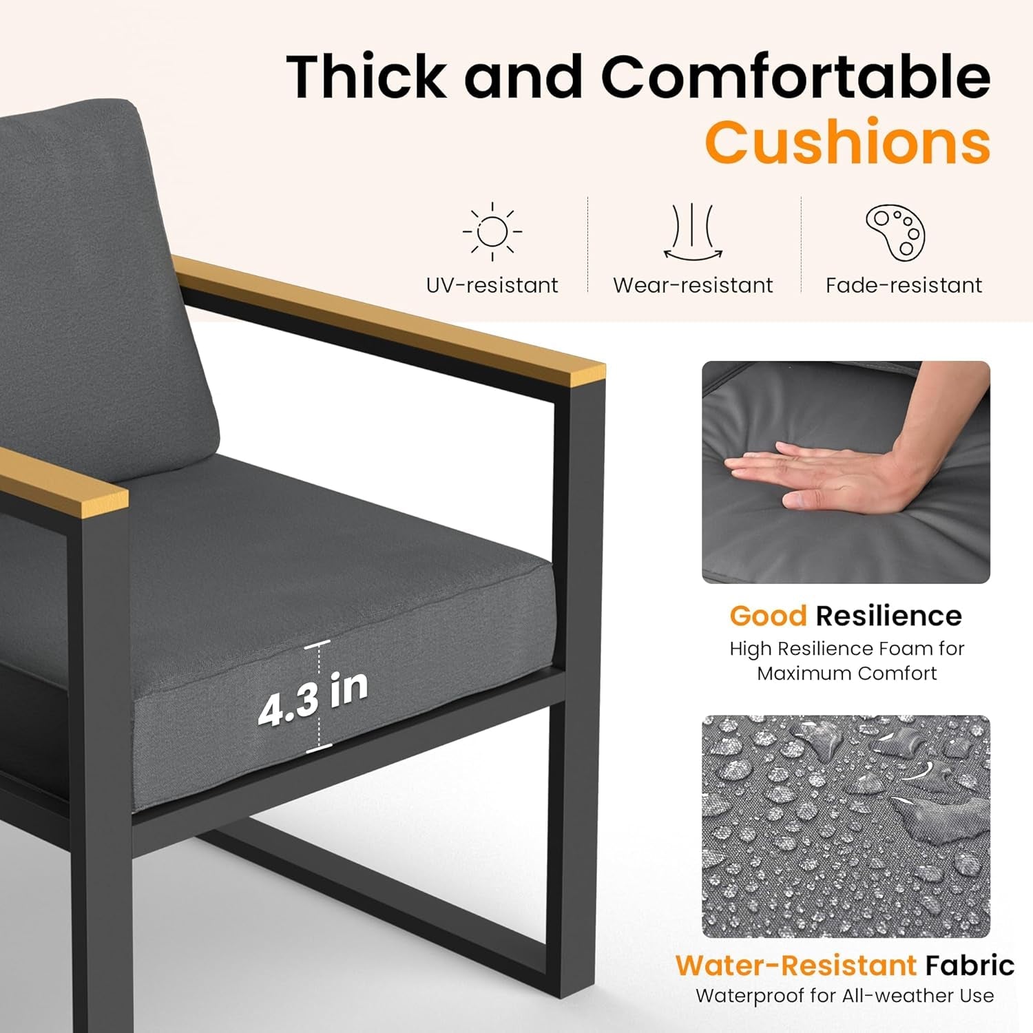 4 Pieces Outdoor Patio Furniture Set, Modern Metal Balcony Furniture with Plastic-Wood Coffee Table, All-Weather Outdoor Furniture Set with Thick Cushion for Balcony, Porch, Gray-3
