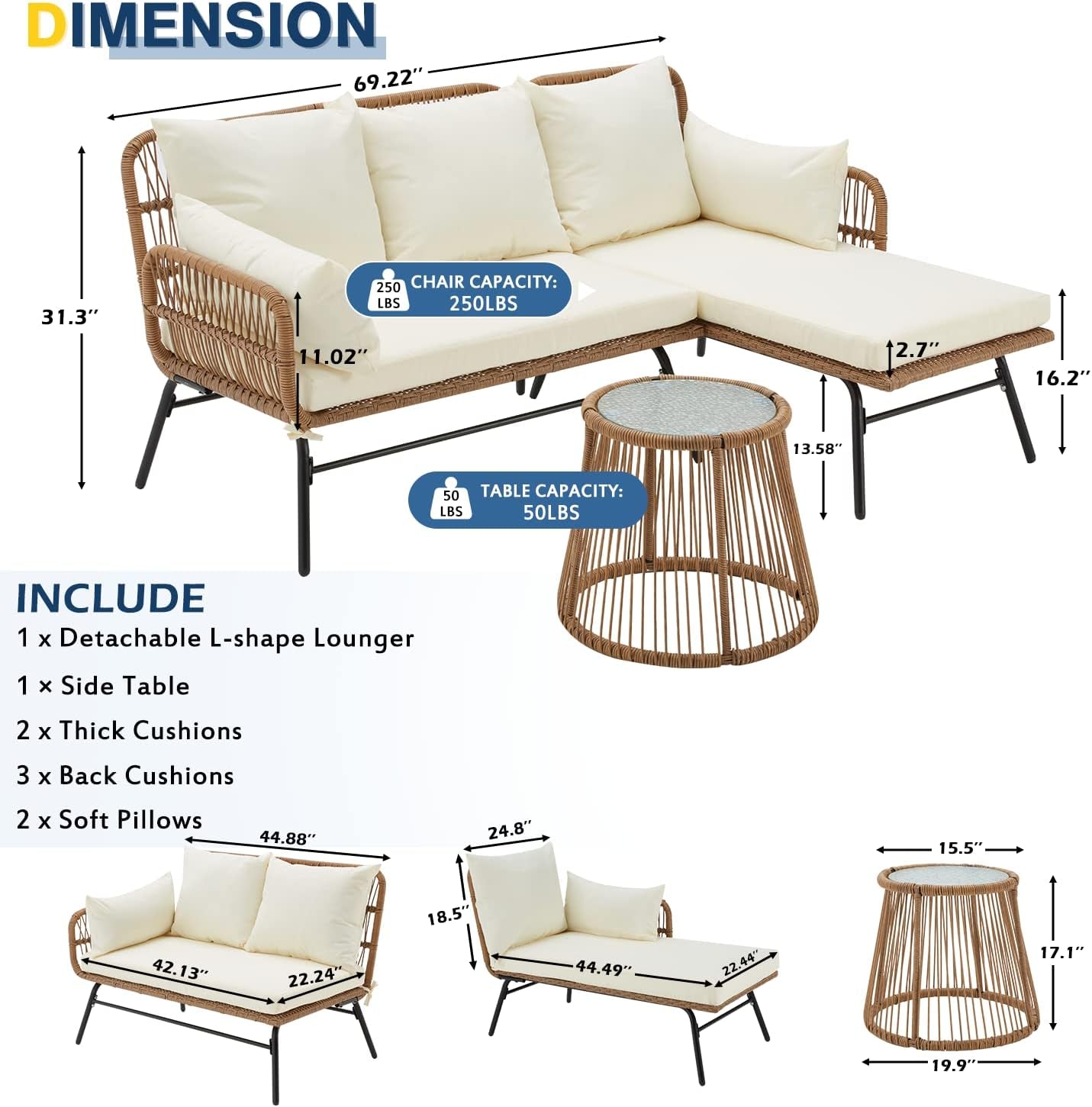 L Shaped Patio Furniture Set with Thick Cushions-2