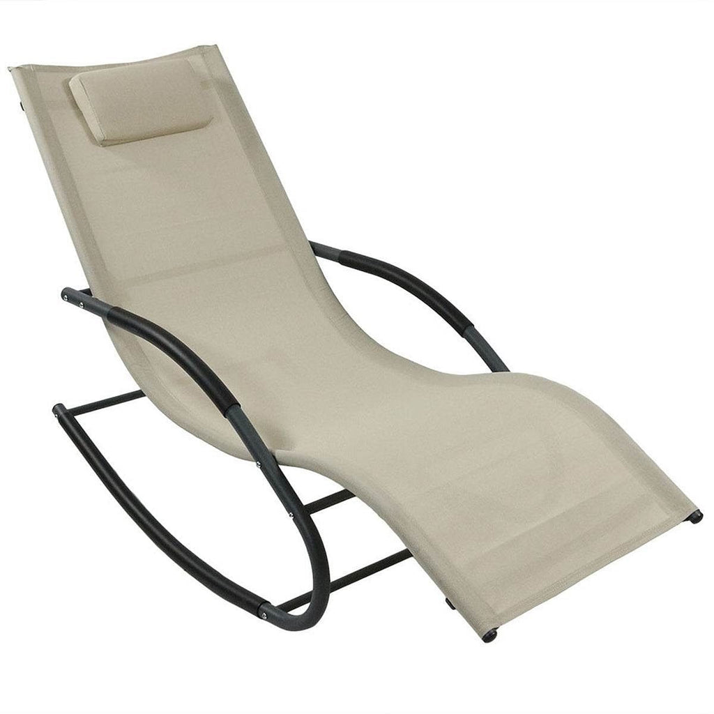 Set of 2 Beige Rocking Chaise Lounger Patio Lounge Chair with Pillow-0