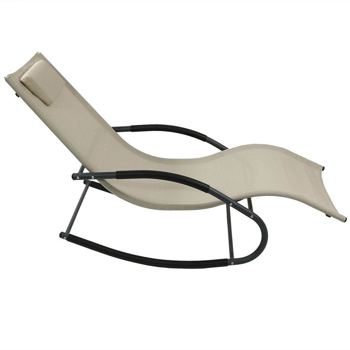 Set of 2 Beige Rocking Chaise Lounger Patio Lounge Chair with Pillow-1