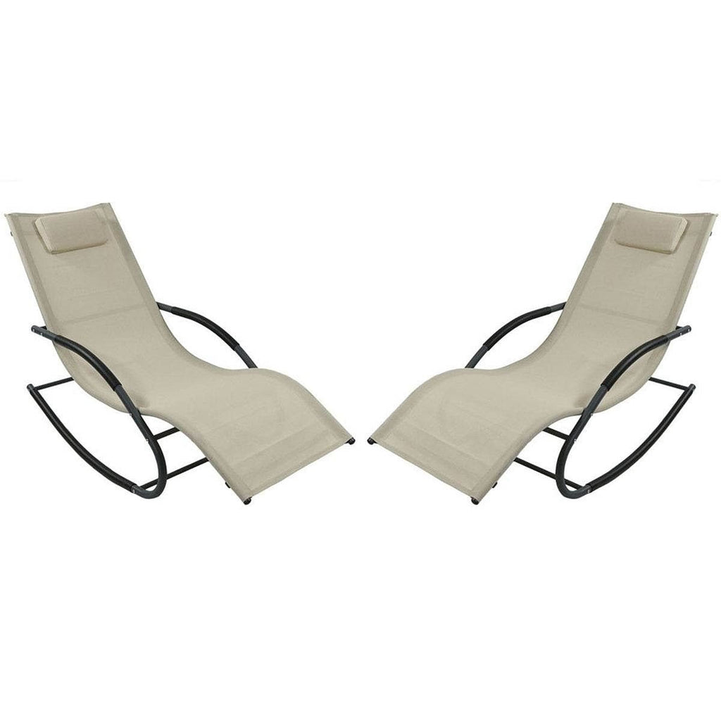 Set of 2 Beige Rocking Chaise Lounger Patio Lounge Chair with Pillow-2