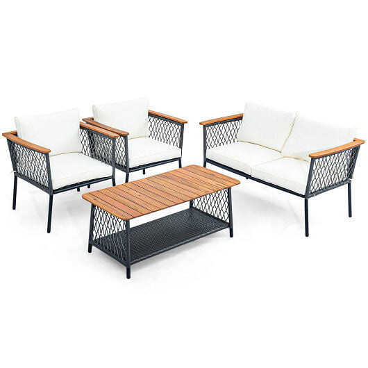 4 Piece Patio Rattan Furniture Set with 2-Tier Coffee Table-White-0
