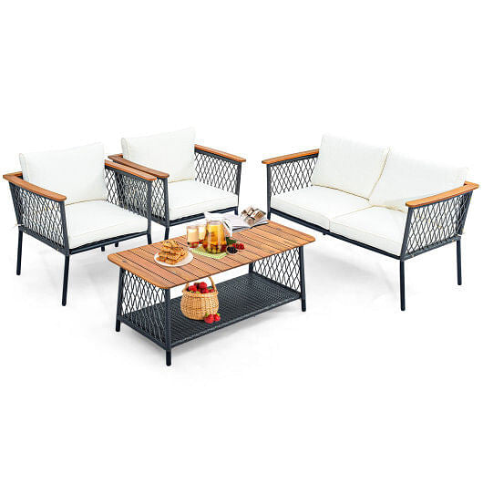 4 Piece Patio Rattan Furniture Set with 2-Tier Coffee Table-White-1