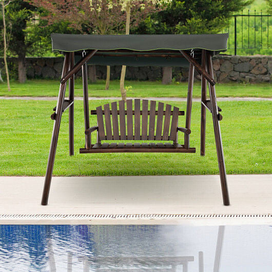 2-Person Outdoor Wooden Porch Swing with an Adjustable Canopy-0