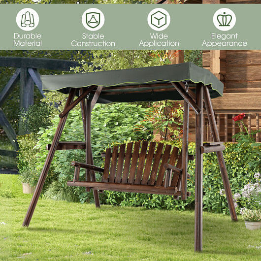 2-Person Outdoor Wooden Porch Swing with an Adjustable Canopy-1
