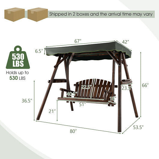 2-Person Outdoor Wooden Porch Swing with an Adjustable Canopy-2