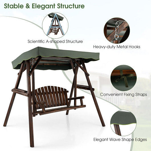 2-Person Outdoor Wooden Porch Swing with an Adjustable Canopy-3