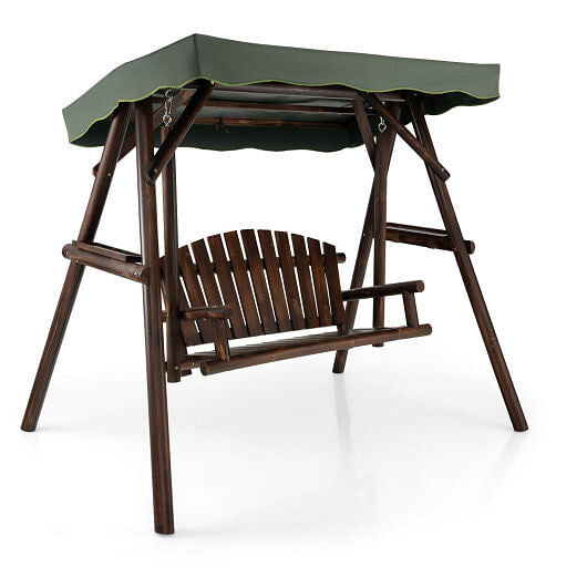 2-Person Outdoor Wooden Porch Swing with an Adjustable Canopy-4