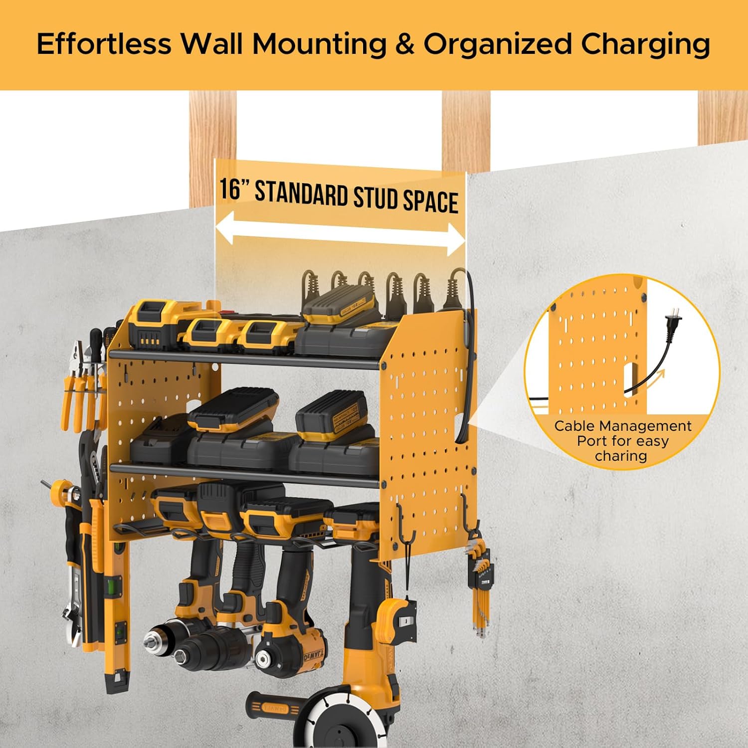 Power Tool Organizer Wall Mount, Cordless Drill Holder with 8-Outlet Power Strip, Modular Garage Organization Storage Rack 36 Months Warranty-4