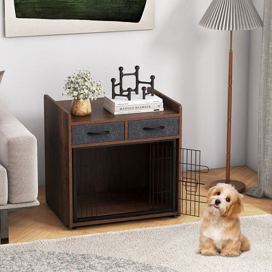 Dog Crate Furniture Indoor Dog Cage with 2 Fabric Drawers End Table-0