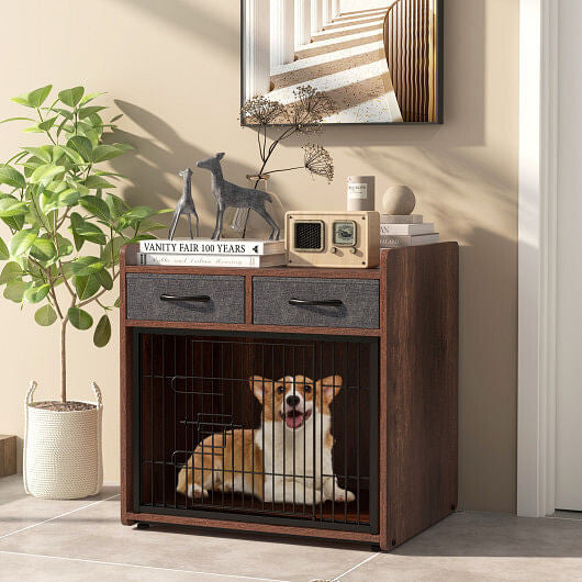 Dog Crate Furniture Indoor Dog Cage with 2 Fabric Drawers End Table-1