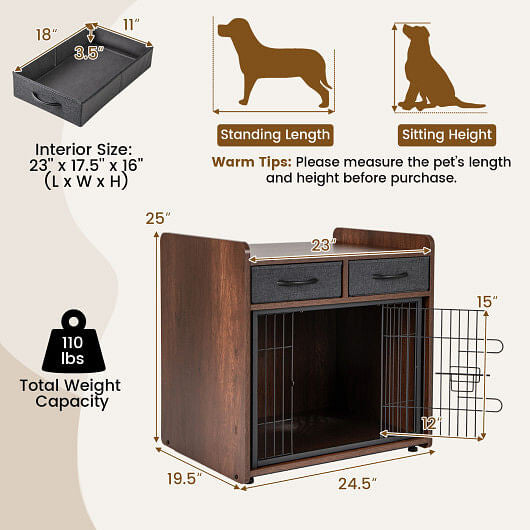 Dog Crate Furniture Indoor Dog Cage with 2 Fabric Drawers End Table-3