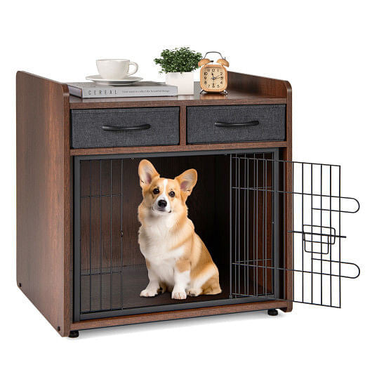 Dog Crate Furniture Indoor Dog Cage with 2 Fabric Drawers End Table-4