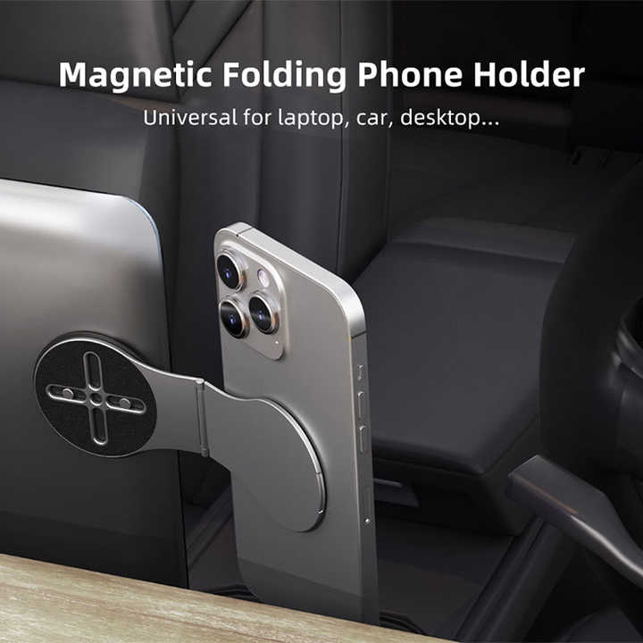 NNEDSZ Black Magnetic Foldable Phone Stand – Universal Aluminum Alloy Desktop & Tesla Car Mount, Compact and Lightweight Design-1