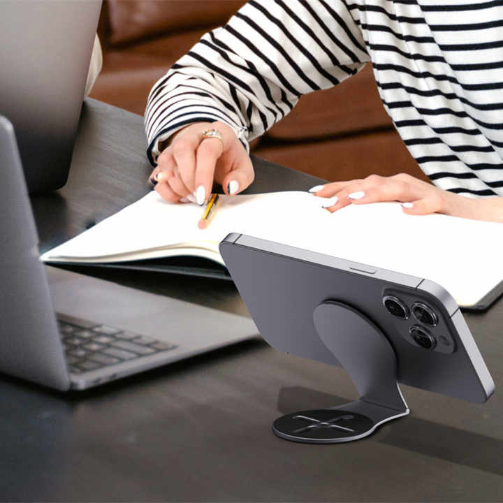 NNEDSZ Grey Magnetic Foldable Phone Stand - Universal Aluminum Alloy Desktop & Tesla Car Mount, Compact and Lightweight Design-3