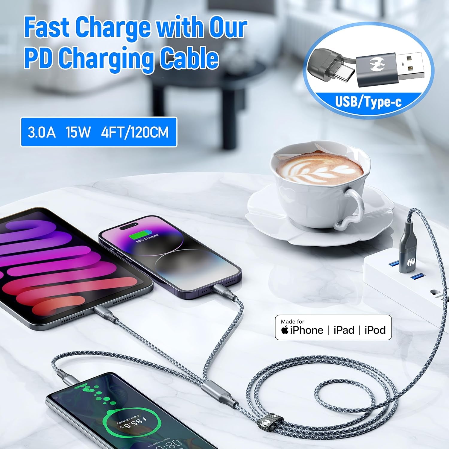 Multi Charging Cable (4Ft 3Pack), 3 in 1 Charging Cable Nylon Braided Cord USB A/C Port Multiple Iphone Charger Cable with Type C Micro Lightning USB for Apple Iphone Android Phone