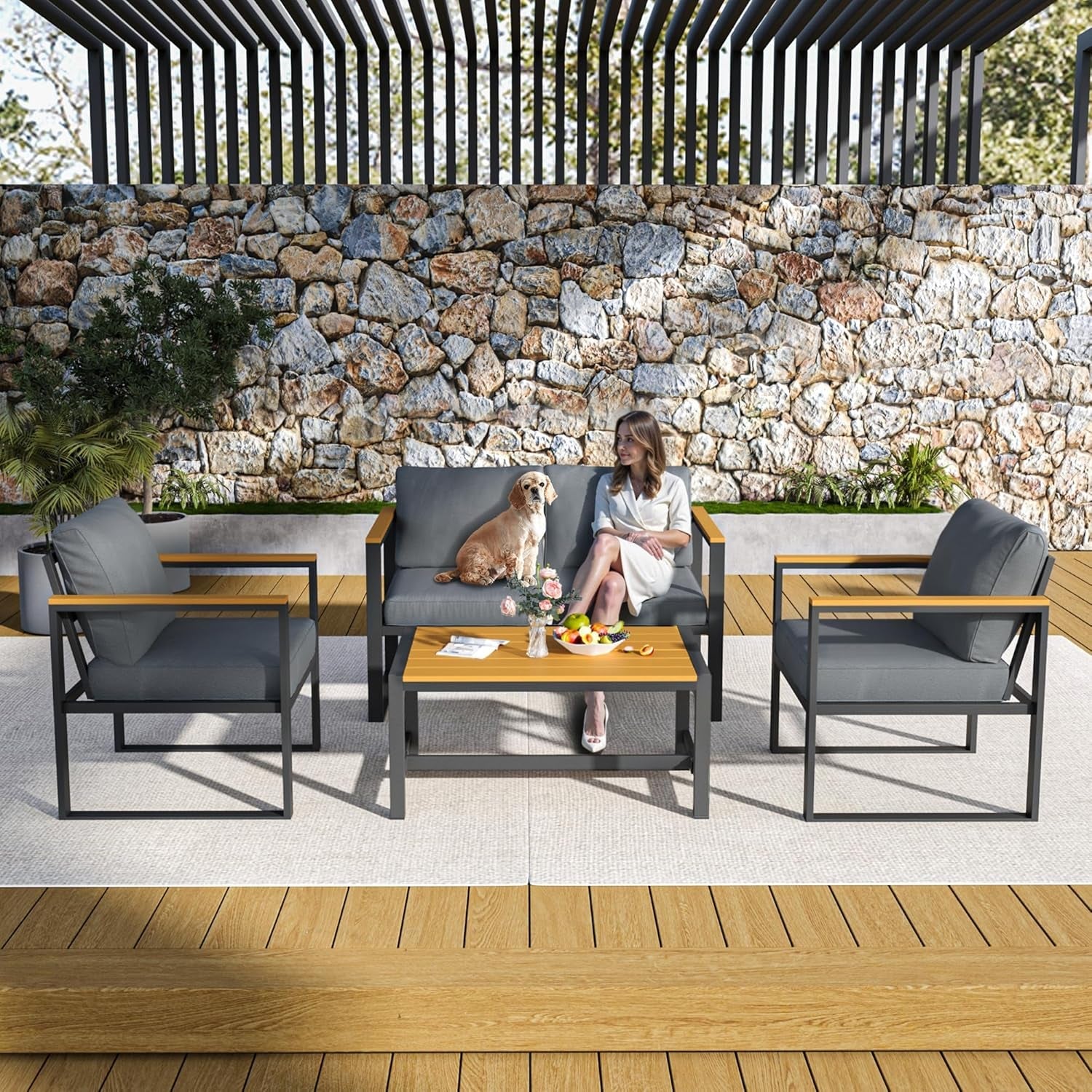 4 Pieces Outdoor Patio Furniture Set, Modern Metal Balcony Furniture with Plastic-Wood Coffee Table, All-Weather Outdoor Furniture Set with Thick Cushion for Balcony, Porch, Gray-0