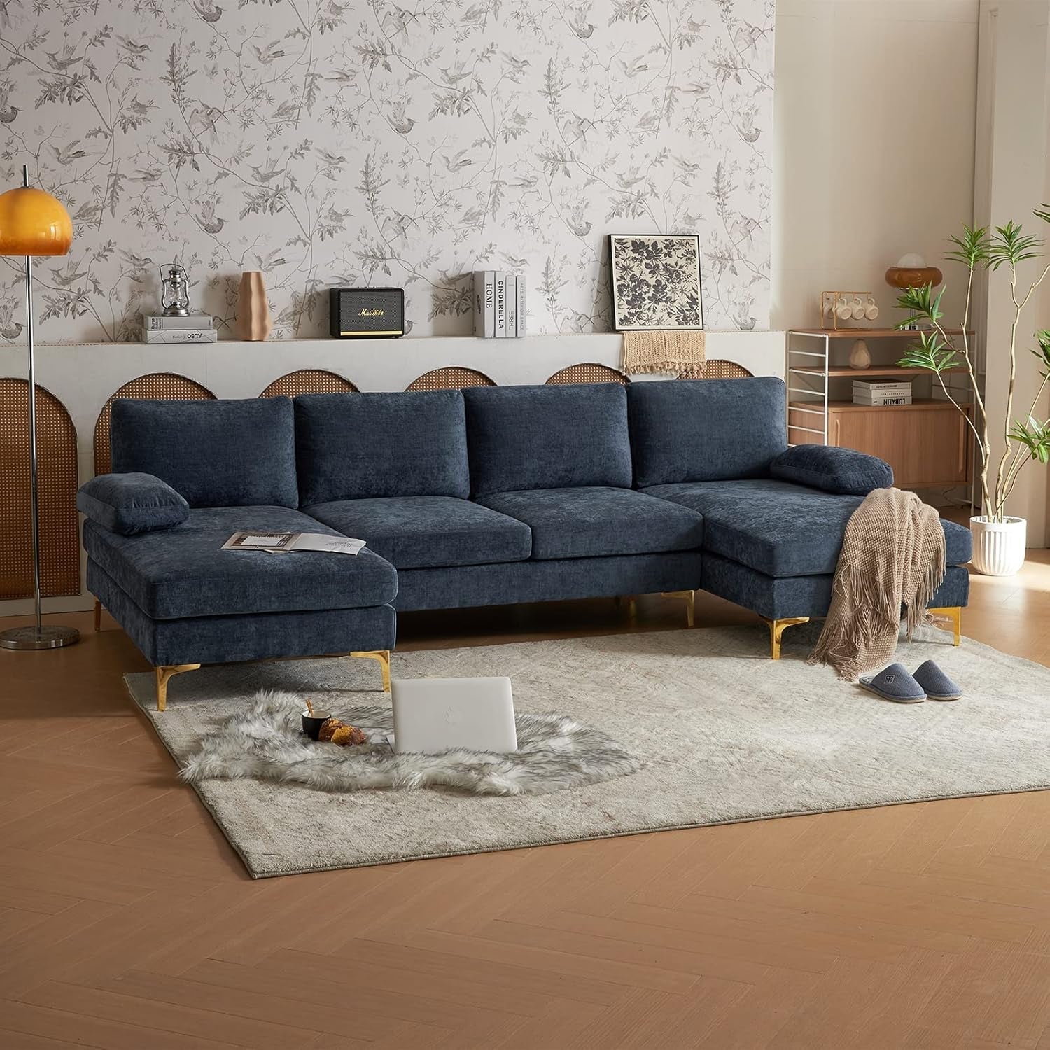 Convertible Sectional Sofa 110" U-Shape Sofa Couch 4-Seat Couch with Chaise Chenillefabric Upholstered for Living Room, Apartment, Office, Grey-Blue-2