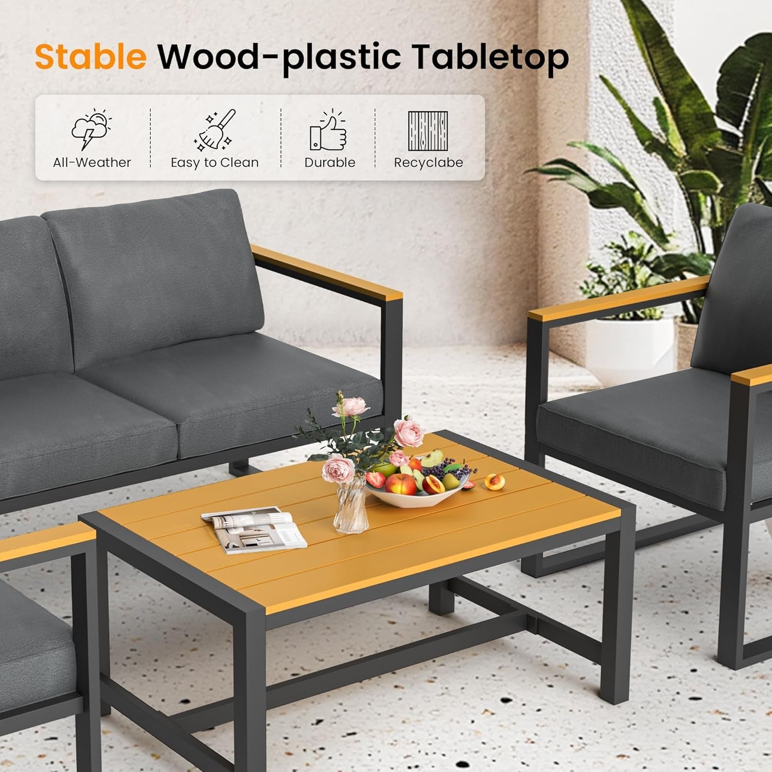 4 Pieces Outdoor Patio Furniture Set, Modern Metal Balcony Furniture with Plastic-Wood Coffee Table, All-Weather Outdoor Furniture Set with Thick Cushion for Balcony, Porch, Gray-2