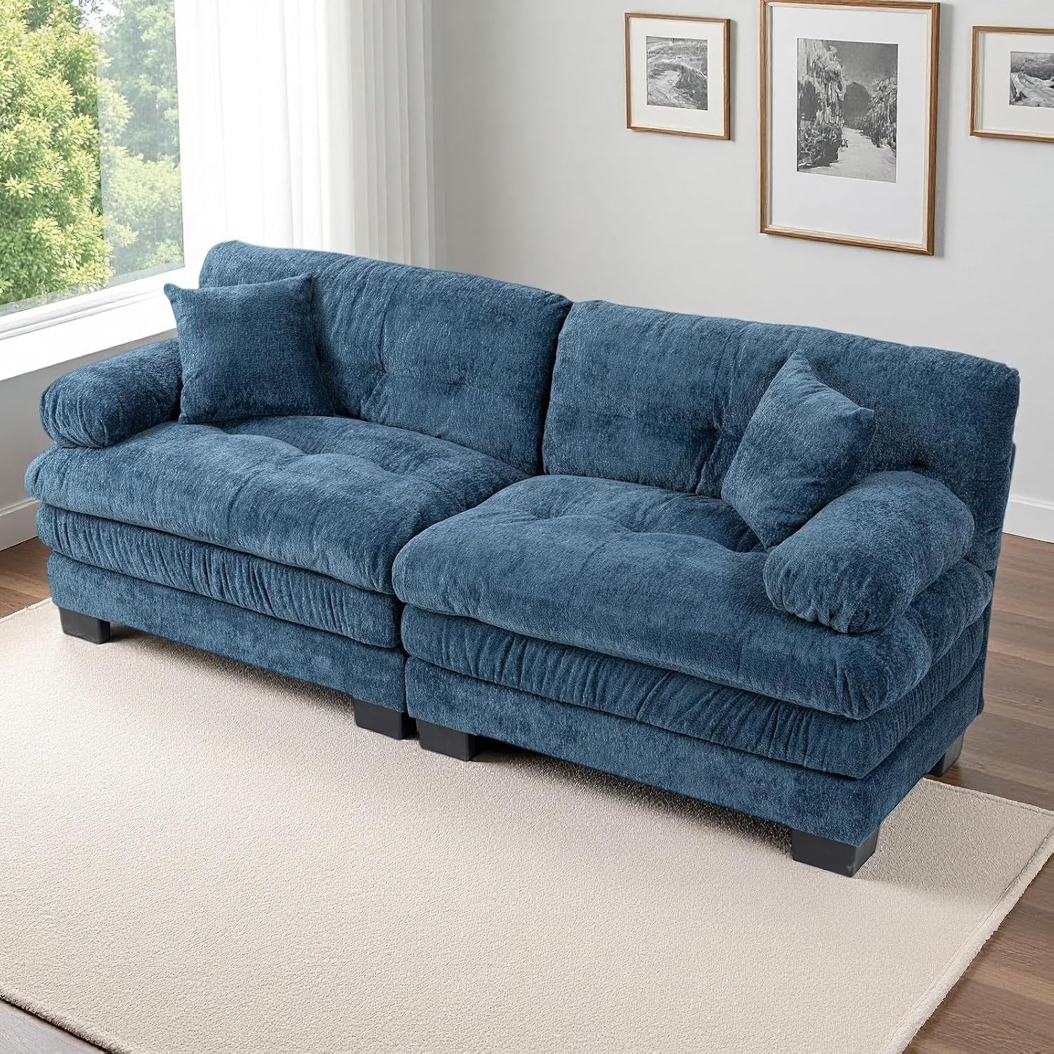 Comfortable Blue Sectional Couch Sofa with Two Pillows-0
