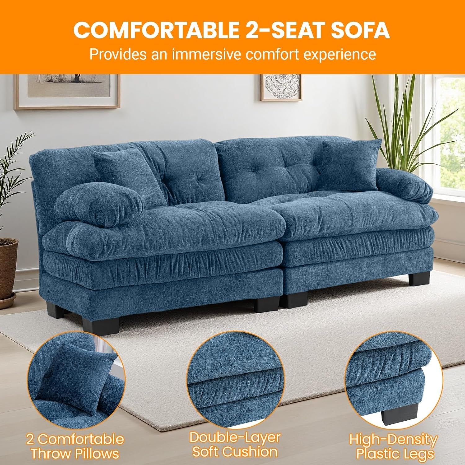 Comfortable Blue Sectional Couch Sofa with Two Pillows-3
