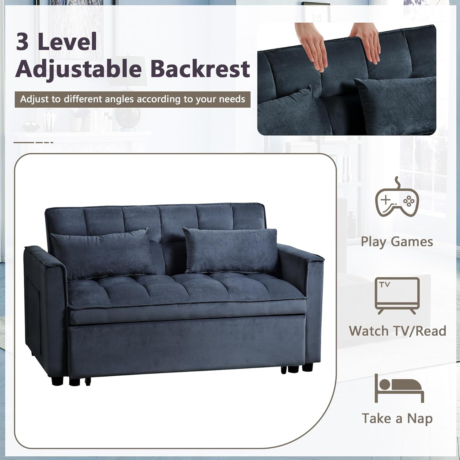 Convertible 3 in 1 Couch Bed with Adjustable Backrest-2