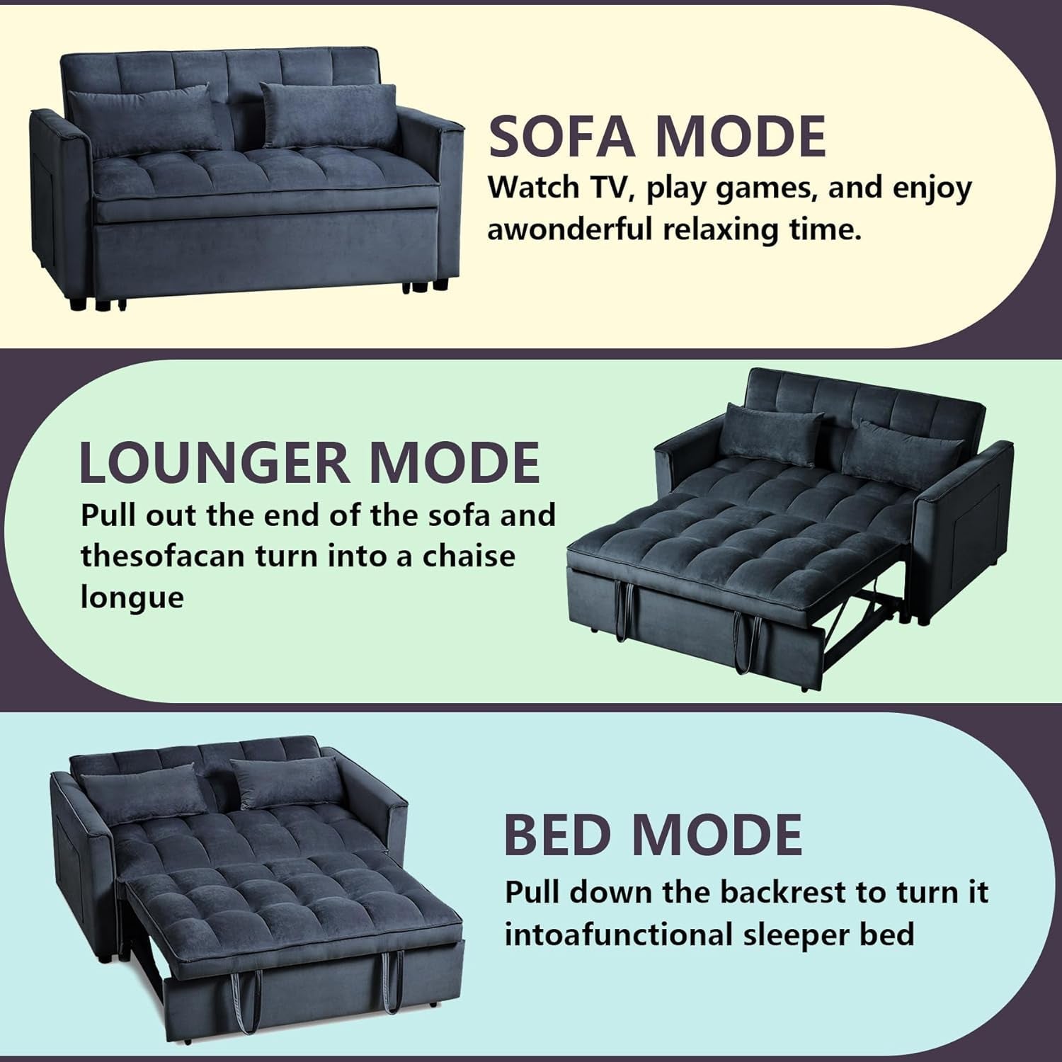 Convertible 3 in 1 Couch Bed with Adjustable Backrest-3