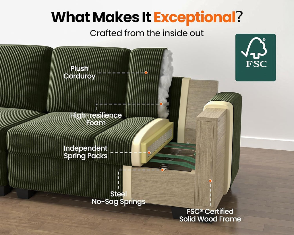 Corduroy Modular L Shaped Couch with Storage Ottoman-3