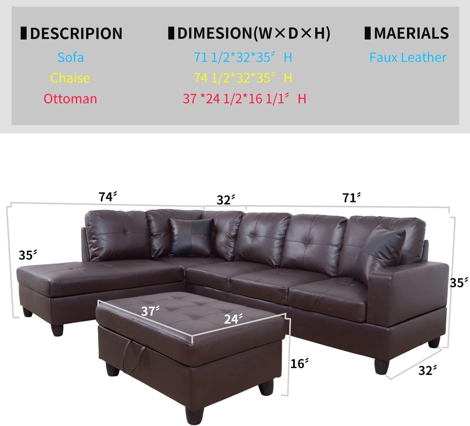 Brown Leather Sectional Couch for Living Room Set,Sectional Sofa L Shape Couch with Storage Ottoman/Brown Faux Leather/Facing Left Chaise-1