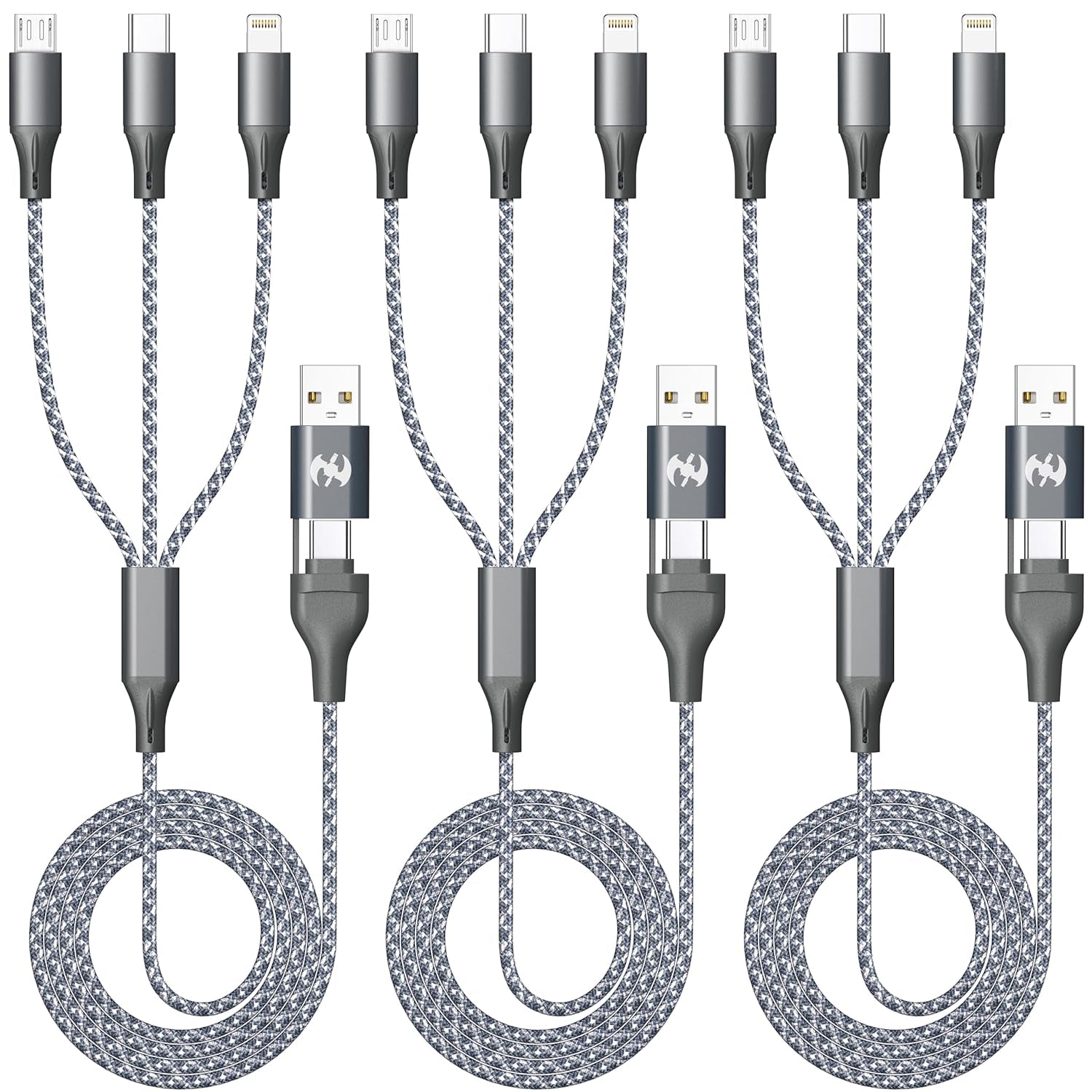 Multi Charging Cable (4Ft 3Pack), 3 in 1 Charging Cable Nylon Braided Cord USB A/C Port Multiple Iphone Charger Cable with Type C Micro Lightning USB for Apple Iphone Android Phone
