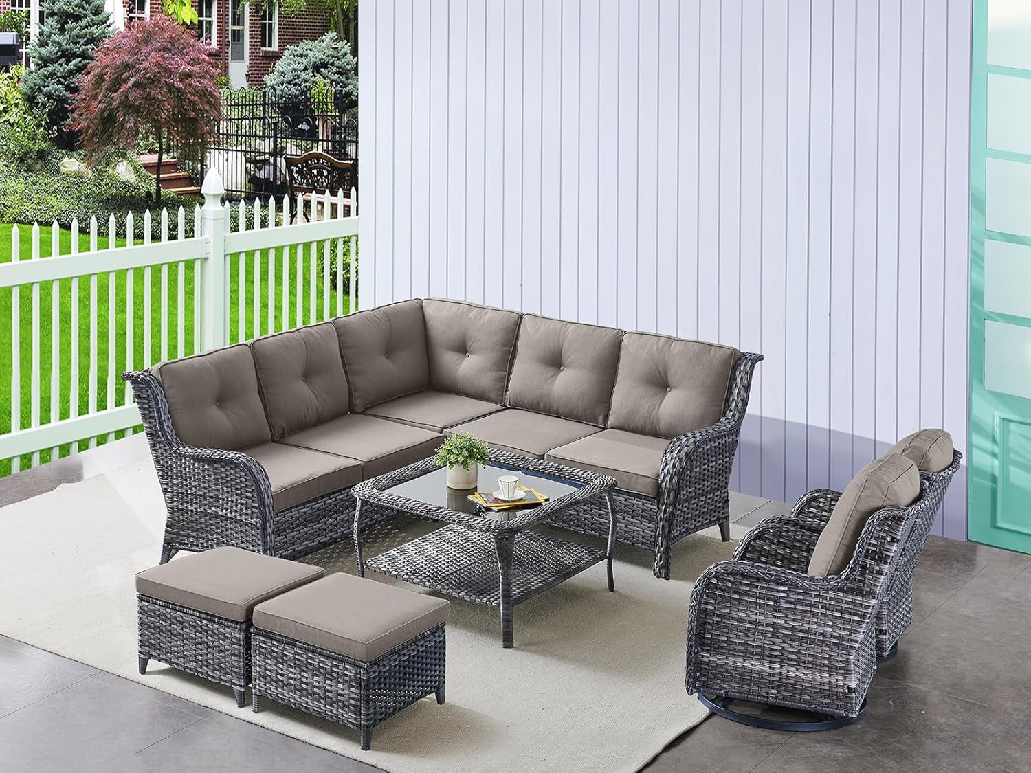 Eight Piece Outdoor Patio Furniture Set with Cushions-0