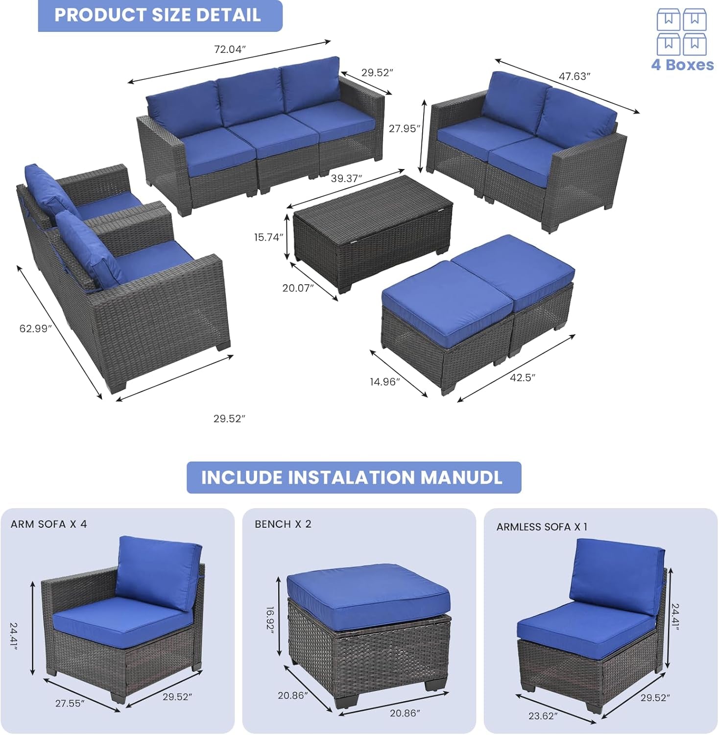 Outdoor Patio Furniture Set with Cushions and Storage-4