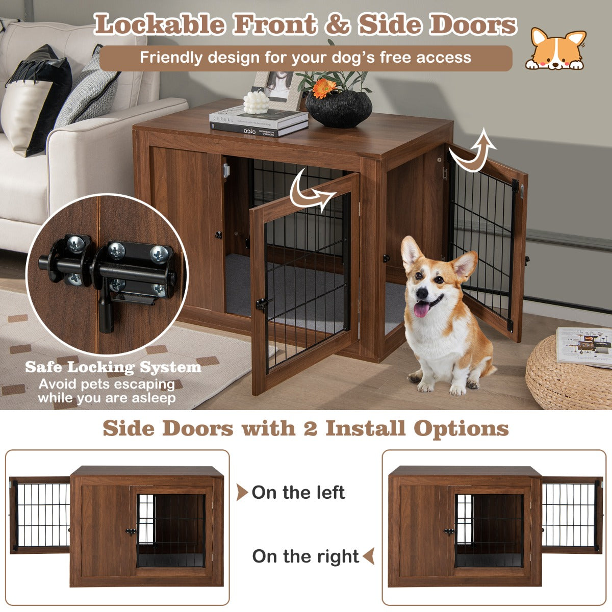 NNECW Furniture Dog Crate with Cushion & Double Mesh Doors for Indoor-2
