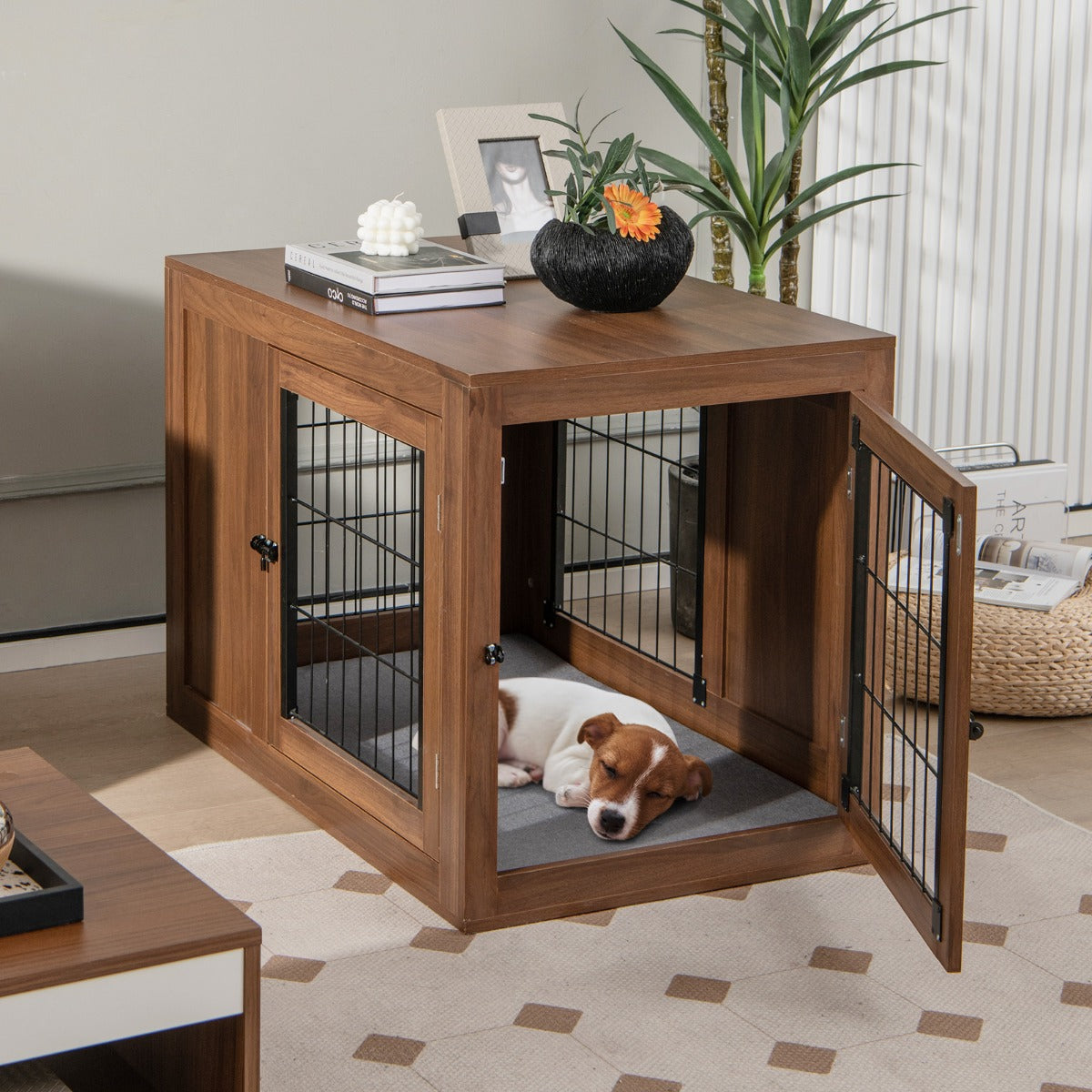 NNECW Furniture Dog Crate with Cushion & Double Mesh Doors for Indoor-0